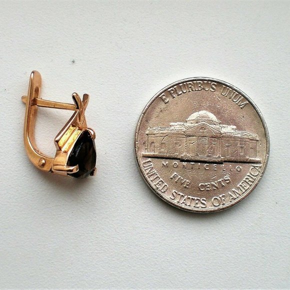 Russian Russia 14K 585 Rose Pink Gold Smokey Topaz Triangle Pierced Earrings - Picture 6 of 6